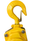 Close-up of yellow hook and mechanism of Three Quarter Ton Heavy Duty Ratchet Lever Chain Hoist With Ten Foot Galvanized Chain.