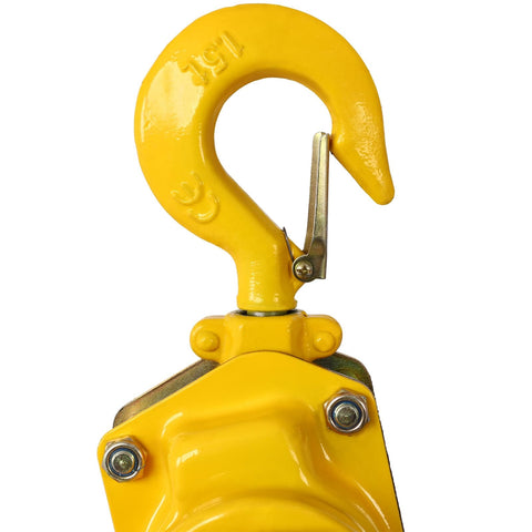 Close-up of yellow hook and mechanism of Three Quarter Ton Heavy Duty Ratchet Lever Chain Hoist With Ten Foot Galvanized Chain.