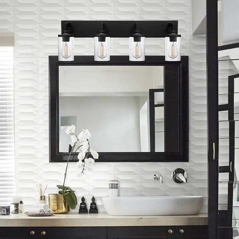Bathroom with Dope Matte Black Bath Vanity Light With Seeded Glass Shade Modern Wall Mounted Sconce Over Mirror