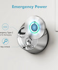 Fingerprint Keyless Entry Door Lock With Smart Deadbolt And App Control, emergency power and key unlock visible.