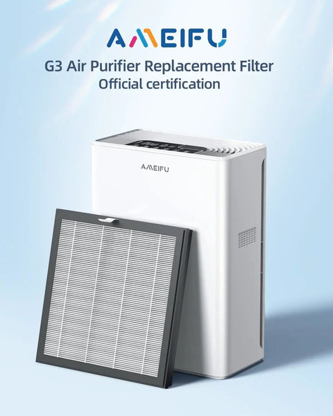 White G3 Air Purifier Replacement Filter For FXAP2W And A-1, 1 Pack, easy snap in install, displayed with air purifier unit