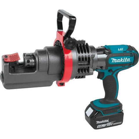 Makita Xcs01t1 18V Lxt Lithium Ion Cordless Rebar Cutter Kit With Rotating Blade showcasing red and black construction, 360 rotation.