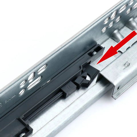 Close-up of Push To Open Drawer Slides 22 Inch Rails for Wooden Cabinets showing bounce device feature.