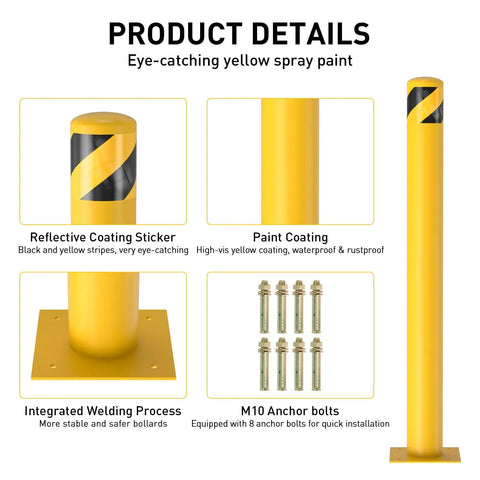 Rock Solid 2 Pack Carbon Steel Security Bollards, Heavy Duty 42 Inch Parking Barrier Posts with yellow paint and anchor bolts.