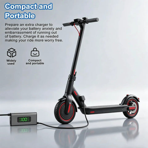 Electric scooter with 54.6V 2A Electric Scooter Charger with LED Display, compatible with Ninebot Kugoo, showing real-time charge progress.