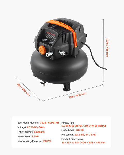 6 Gallon Pancake Air Compressor With 1.7HP Oil Free Motor 2.3CFM At 90 PSI And 1.94CFM At 120 PSI 150 PSI Max Portable And Quiet
