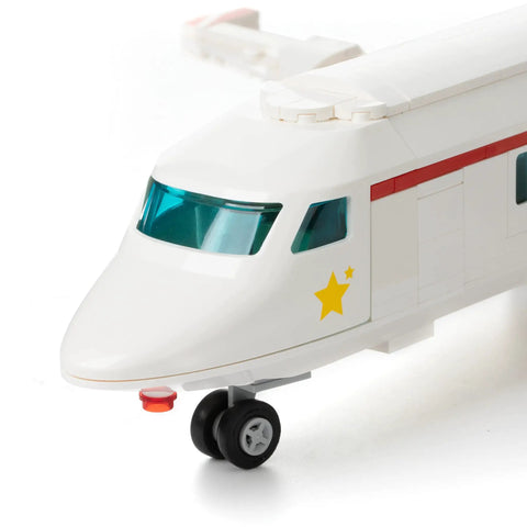 Close-up of airplane cockpit from Airplane Building Block Set With 633 Pieces For Kids And Adults, Aviation Series Construction Kit.