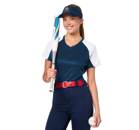 Person wearing Comin' In Hot Funny Camper Sun Visor Hat For Men And Women One Size Navy, holding a baseball bat.