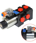 Front view of a 13 gpm hydraulic solenoid selector/diverter valve with black body, red port caps, and clear solenoid housing