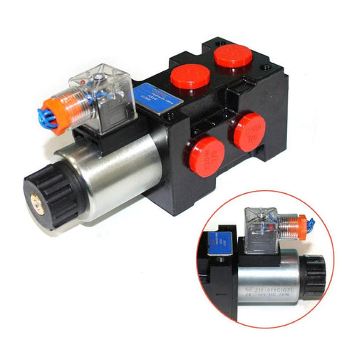 Front view of a 13 gpm hydraulic solenoid selector/diverter valve with black body, red port caps, and clear solenoid housing