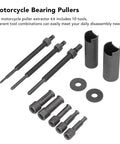 Heavy Duty Inner Bearing Extractor Set Motorcycle Bearing Puller Tool Kit Ten Piece Steel Removal Parts Fits Bike Flywheel Sleeve Bearings 9mm To 23mm, ten-piece steel tool set on white