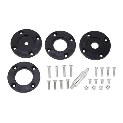 Rock Solid Router Table Insert Plate With Adjustable 62 By 70 Mm Hole Spacing includes four black plates and mounting screws.