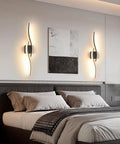 Modern Hardwired LED Wall Sconce Set Of Two With Remote Control, RC Dimmable Black Indoor Wall Lights above a bed, contemporary bedroom