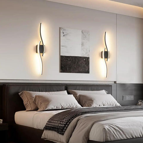 Modern Hardwired LED Wall Sconce Set Of Two With Remote Control, RC Dimmable Black Indoor Wall Lights above a bed, contemporary bedroom