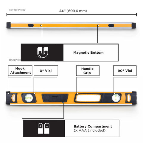 24 Inch Digital Level 0 To 180 Degrees With Large LCD Readout And Audible Alerts, Magnetic Bottom, Detailed Feature Diagram