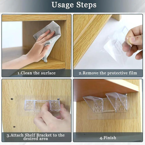 Twelve Piece Heavy Duty Self Adhesive Shelf Brackets Built Tough To Hold A Ton Of Weight With Zero Drilling Required And Easy Install For Kitchen Cabinets And Closets usage steps collage.