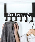 Heavy Duty 6 Hook Wall Mounted Metal Coat Rack Cabinet Door Hanger System For Hallway Bathroom And Kitchen Versatile Towel Organizer With No Sweat Quick Install, gray towel being hung.