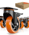 Heavy Duty 4 Inch Polyurethane Caster Wheels Set Of 4 Swivel Casters With Dual Lock Brakes showing close-up view and box.