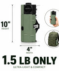 Portable Butane Gas Stove For Camping And Outdoor Cooking Lightweight Compact Single Burner With Durable Carrying Bag Ideal For Travel Backpacking Picnics Backyard Barbecue Indoor Use And Emergency Prep, shown with dimensions, 10 inches height, 4 inches width, and a weight of 1.5 lbs next to a backpack for scale