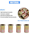 50-Piece 1/2-Inch 13 UNC Zinc Plated Carbon Steel Flat Head Rivnut Threaded Inserts in a display showing material features.