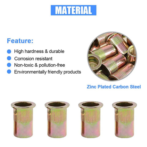 50-Piece 1/2-Inch 13 UNC Zinc Plated Carbon Steel Flat Head Rivnut Threaded Inserts in a display showing material features.