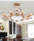 Luxury European Ceiling Fan Light With Remote Control And Invisible Blade Fan Chandelier In Trace Gold Finish Boasting 8 E27 Bulbs And 42 Inch Size For Epic Vibe in a modern living room.