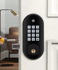 Hassle Free Keyless Entry Door Lock With Backlit Keypad And Automatic Deadbolt Solid Electric Access System For Front Doors, mounted on a door with a screwdriver.