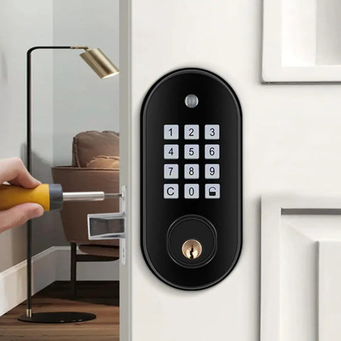 Electronic Keypad Deadbolt Lock Backlit Touchscreen Keyless Entry For Wooden Doors on a wooden door during installation.