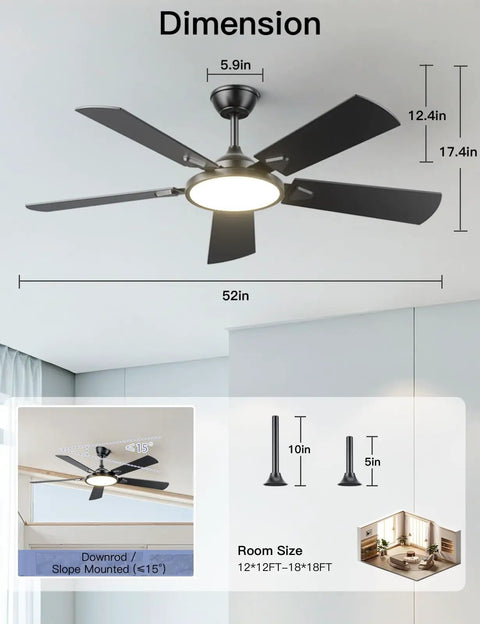 Smart 52 Inch Ceiling Fan With Lights Remote And App Control Dimmable 3CCT Color Temperature Quiet DC Motor features
