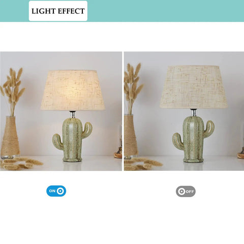Cactus Desk Lamp With Fabric Lampshade And Sturdy Ceramic Base, Modern Bedside Nightstand Light, showing on and off light effect.