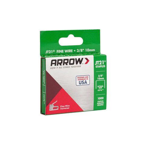 Pro Grade JT21 Thin Wire Staples For Staple Guns And Staplers 1000 Pack in green packaging with 3/8 inch size designation.