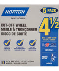 Front view of Norton 4½-inch cut-off wheels, 5-pack box for metal and stainless steel.