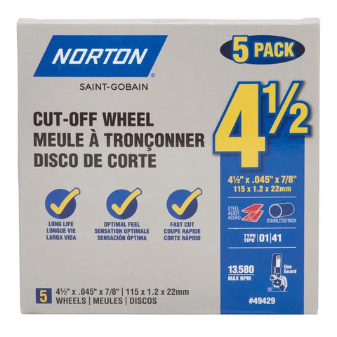 Front view of Norton 4½-inch cut-off wheels, 5-pack box for metal and stainless steel.