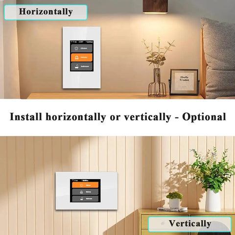 Smart Light Switch 1 2 3 Gang 3 Way For Whole House With LCD Panel And WiFi Mesh Never Offline Two Point Four Gigahertz shown both vertically and horizontally