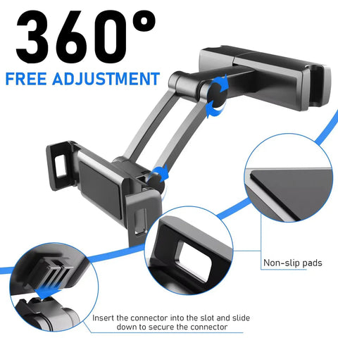 Rock Solid Tablet Headrest Mount For Tesla Cybertruck Featuring An Extendable Arm And Bulletproof Grip With Adjustable Angle showing 360 degree free adjustment.