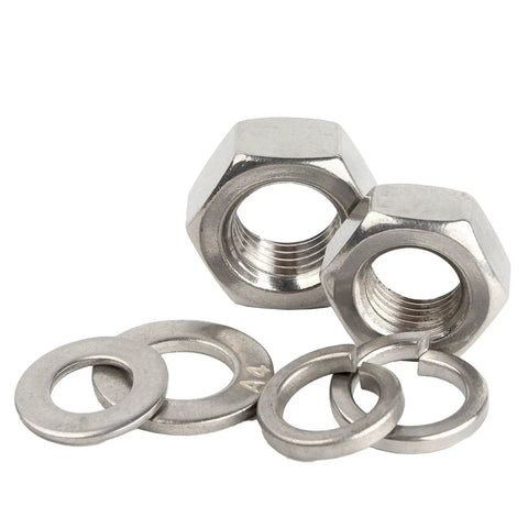 All In One 304 Stainless Steel Hex Nut Kit With Flat Washers And Lock Spring Washers For DIY Repairs And Furniture Maintenance Handy And Ready For Home Projects From M1.6 To M36 Metric Nuts Bolts And Hardware Fasteners.