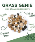 Image showing Grass Genie organic lawn fertilizer blend with labeled ingredients: potash, sodium nitrate, soybean meal, humic acid.