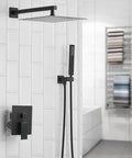 Matte Black Shower System With 12 Inch Rain Shower Head And Handheld Combo, Square Luxury Bathroom Faucet Set, mounted on tile wall
