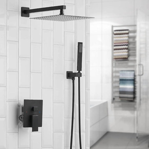 Matte Black Shower System With 12 Inch Rain Shower Head And Handheld Combo, Square Luxury Bathroom Faucet Set, mounted on tile wall