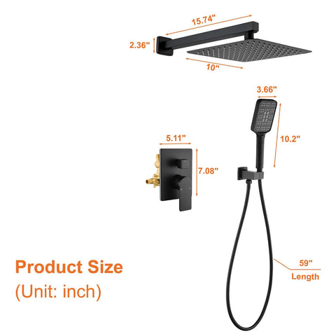 Matte Black Shower Faucet Set With 10 Inch Stainless Steel Rainfall Head, Pressure Balance Valve Cartridge, Rough in Valve Trim Kit