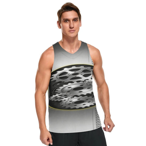 Men's Quick Dry Tank Top And Sleeveless Tee Crafted From Moisture Wicking Fabric With Lightweight Breathable Gym Wear Essentials Sweat Resistant Workout Shirt Real Deal Summer Activewear Staple worn by a male model featuring a gear design.