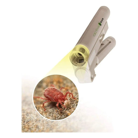 Active Eye AEM40 Microscope With 40x Magnification For Quick Pest And Disease ID And Plant Species, Compact Handheld Scope With Targeted Illumination, Batteries Included And Sturdy Carry Case For Easy Field Use On The Go., handheld beige microscope with LED light showing a red pest under magnification