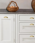 10 Pack 3 Inch Four Center Gold Drawer Pulls With Brushed Brass Cup Handles For Kitchen Cabinets on white kitchen furniture.