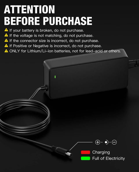 Attention message for Straight Up Fast 54.6V 2A Ebike Charger For 48V Lithium Battery with charging status indicators.