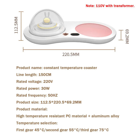 Intelligent Gravity Sensor Coffee Mug Warmer Electric Heated Coaster Automatic Shut Off with clear cover and pink base for desk use.