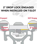 Top Shelf Heavy Duty T Slot Aluminum Extrusion And Precision Linear Motion Rail For Badass Diy Projects And Custom Workshop Frames 48 Inches Long With Smooth Clear Anodized Finish detailed diagram showing 2° drop lock engaged and not engaged.