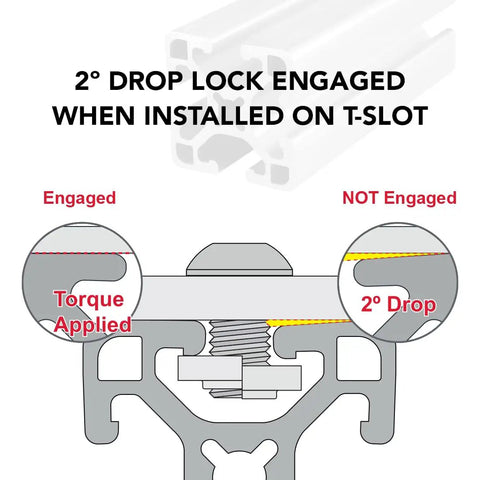 Top Shelf Heavy Duty T Slot Aluminum Extrusion And Precision Linear Motion Rail For Badass Diy Projects And Custom Workshop Frames 48 Inches Long With Smooth Clear Anodized Finish detailed diagram showing 2° drop lock engaged and not engaged.