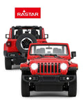 Front and rear views of Off Road RC Jeep Wrangler JL 1 To 14 Scale Toy Car With Realistic Doors, Spring Suspension, LED Lights, Red