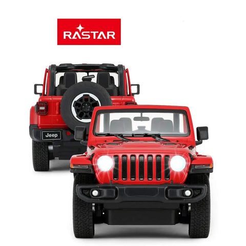Front and rear views of Off Road RC Jeep Wrangler JL 1 To 14 Scale Toy Car With Realistic Doors, Spring Suspension, LED Lights, Red