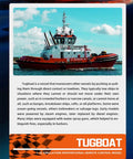 Image of a large red and white tugboat on water with a blue sky backdrop, labeled for One Seventy Two Scale Proportional RC Tugboat for Pools and Lakes.